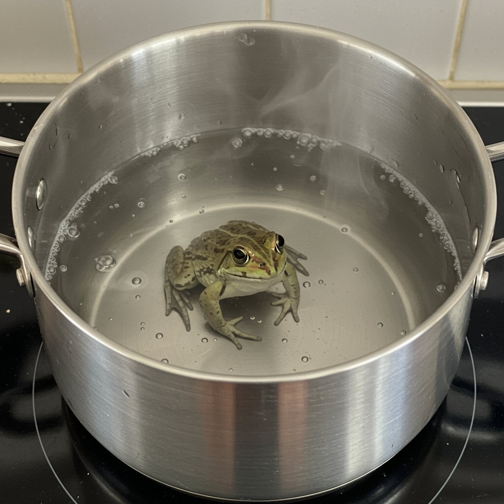 a frog waits in warming water